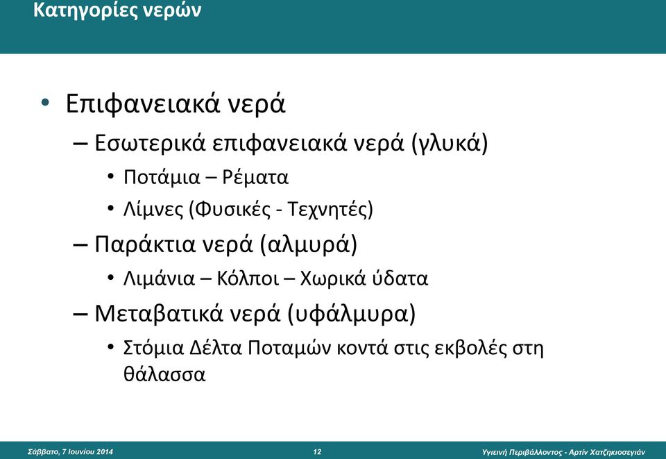 νερά (αλμυρά) Λιμάνια Κόλποι Χωρικά ύδατα Μεταβατικά νερά