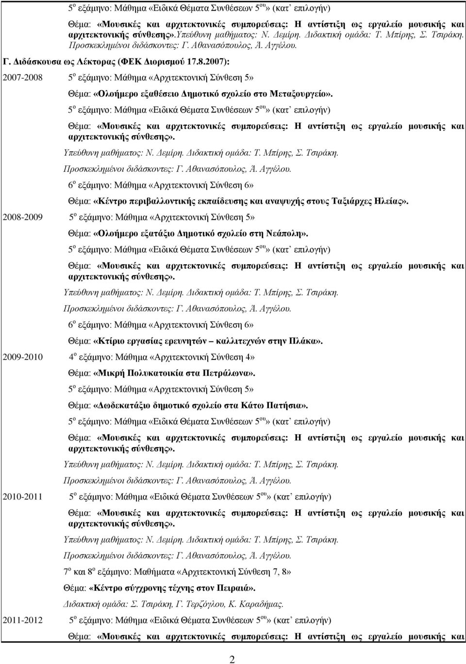 5 ο εξάμηνο: Μάθημα «Ειδικά Θέματα Συνθέσεων 5 ου» (κατ επιλογήν) αρχιτεκτονικής σύνθεσης». Υπεύθυνη μαθήματος: Ν. Δεμίρη. Διδακτική ομάδα: Τ. Μπίρης, Σ. Τσιράκη. Προσκεκλημένοι διδάσκοντες: Γ.