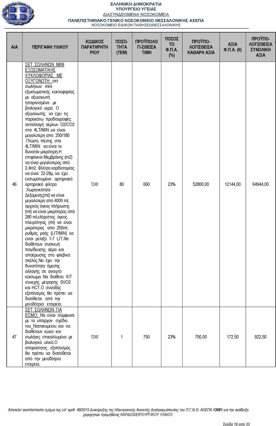 η επιφάνεια Μεμβράνης (m2) να είναι μεγαλύτερος από 2,4m2. Φίλτρο καρδιοτομίας να είναι 22-28μ, να έχει ενσωματωμένο αρτηριακό αρτηριακό φίλτρο.