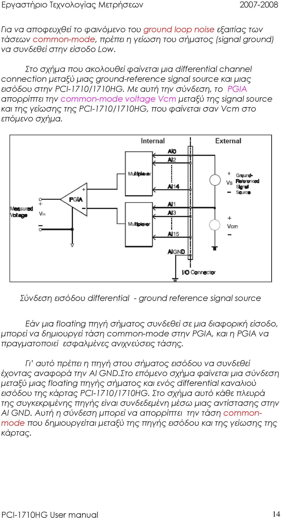 Με αυτή την σύνδεση, το PGIA απορρίπτει την common-mode voltage Vcm µεταξύ της signal source και της γείωσης της PCI-1710/1710HG, που φαίνεται σαν Vcm στο επόµενο σχήµα.
