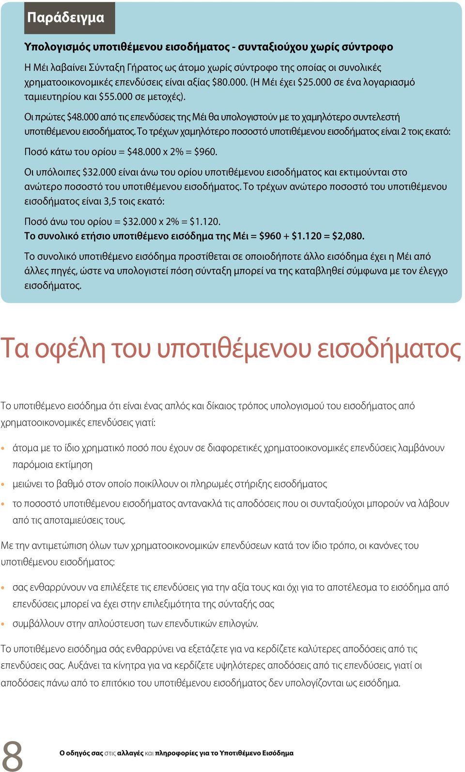 Το τρέχων χαμηλότερο ποσοστό υποτιθέμενου εισοδήματος είναι 2 τοις εκατό: Ποσό κάτω του ορίου = $48.000 x 2% = $960. Οι υπόλοιπες $32.