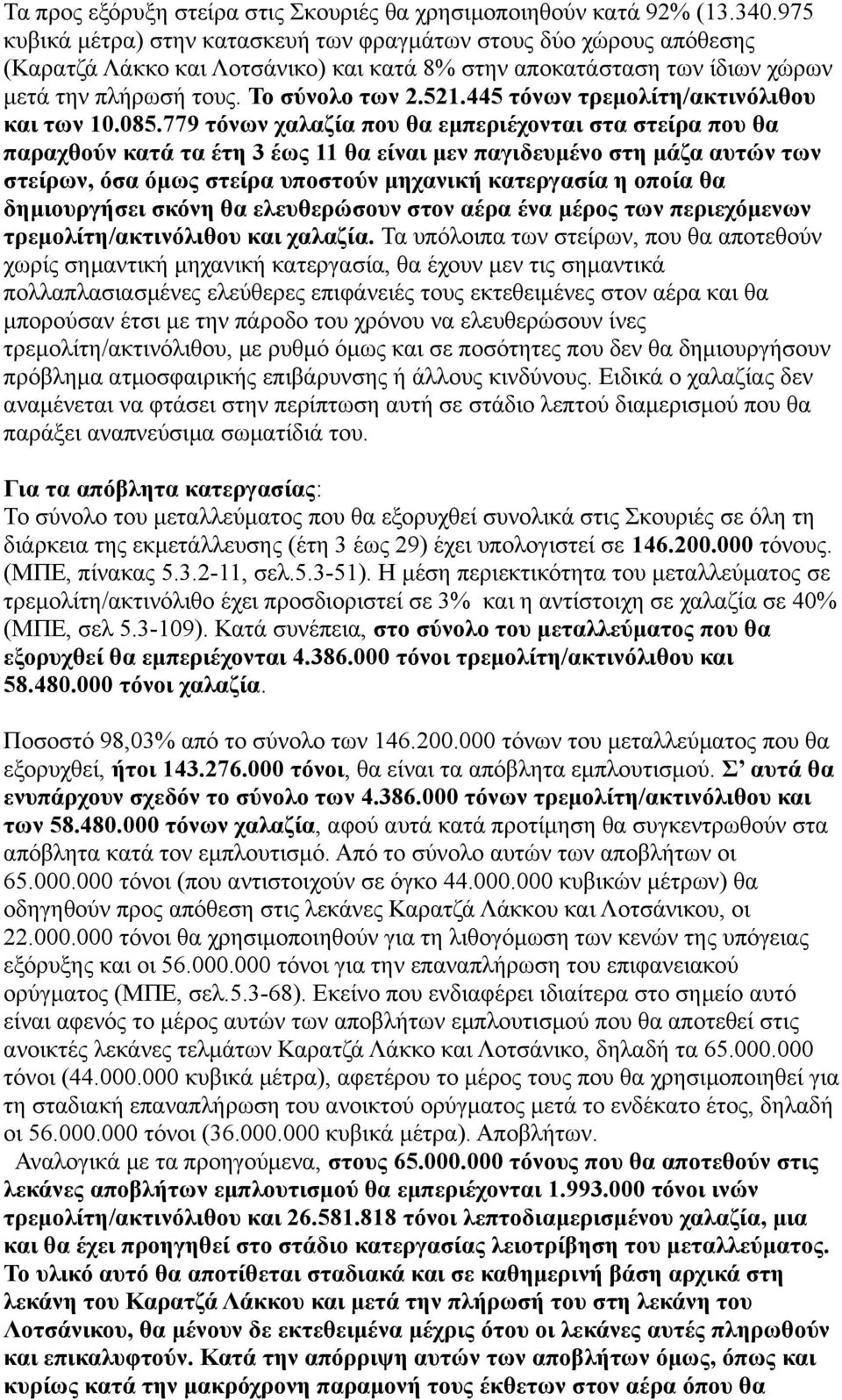 445 τόνων τρεμολίτη/ακτινόλιθου και των 10.085.