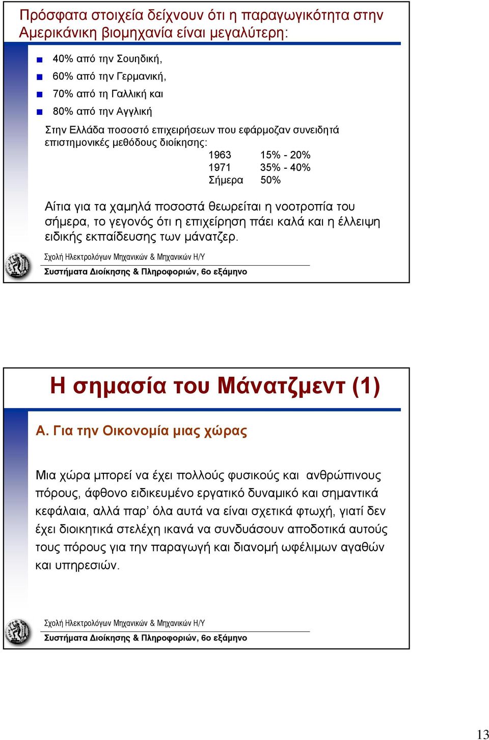 επιχείρηση πάει καλά και η έλλειψη ειδικής εκπαίδευσης των μάνατζερ. Η σημασία του Μάνατζμεντ (1) Α.