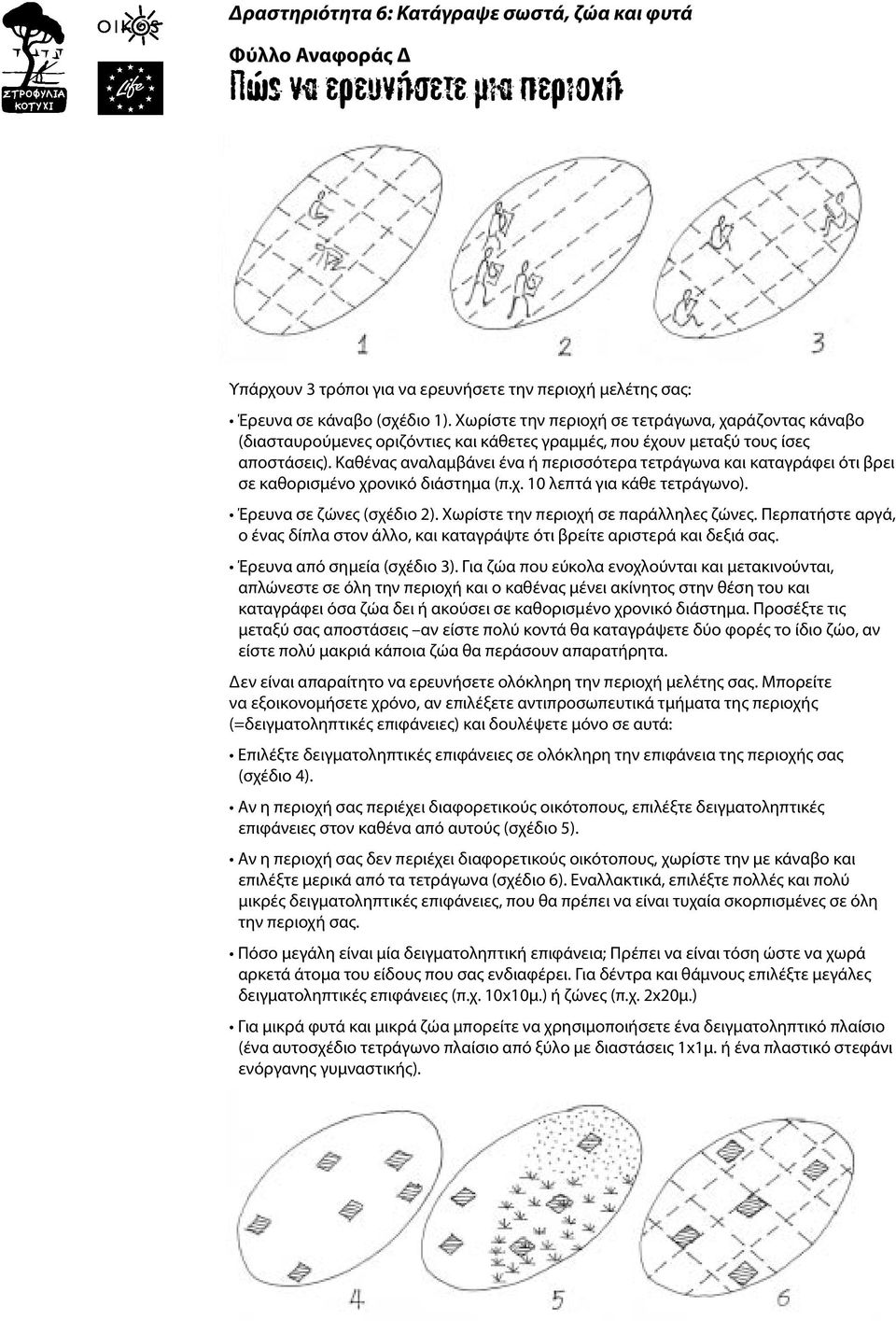 Καθένας αναλαμβάνει ένα ή περισσότερα τετράγωνα και καταγράφει ότι βρει σε καθορισμένο χρονικό διάστημα (π.χ. 10 λεπτά για κάθε τετράγωνο). Έρευνα σε ζώνες (σχέδιο 2).