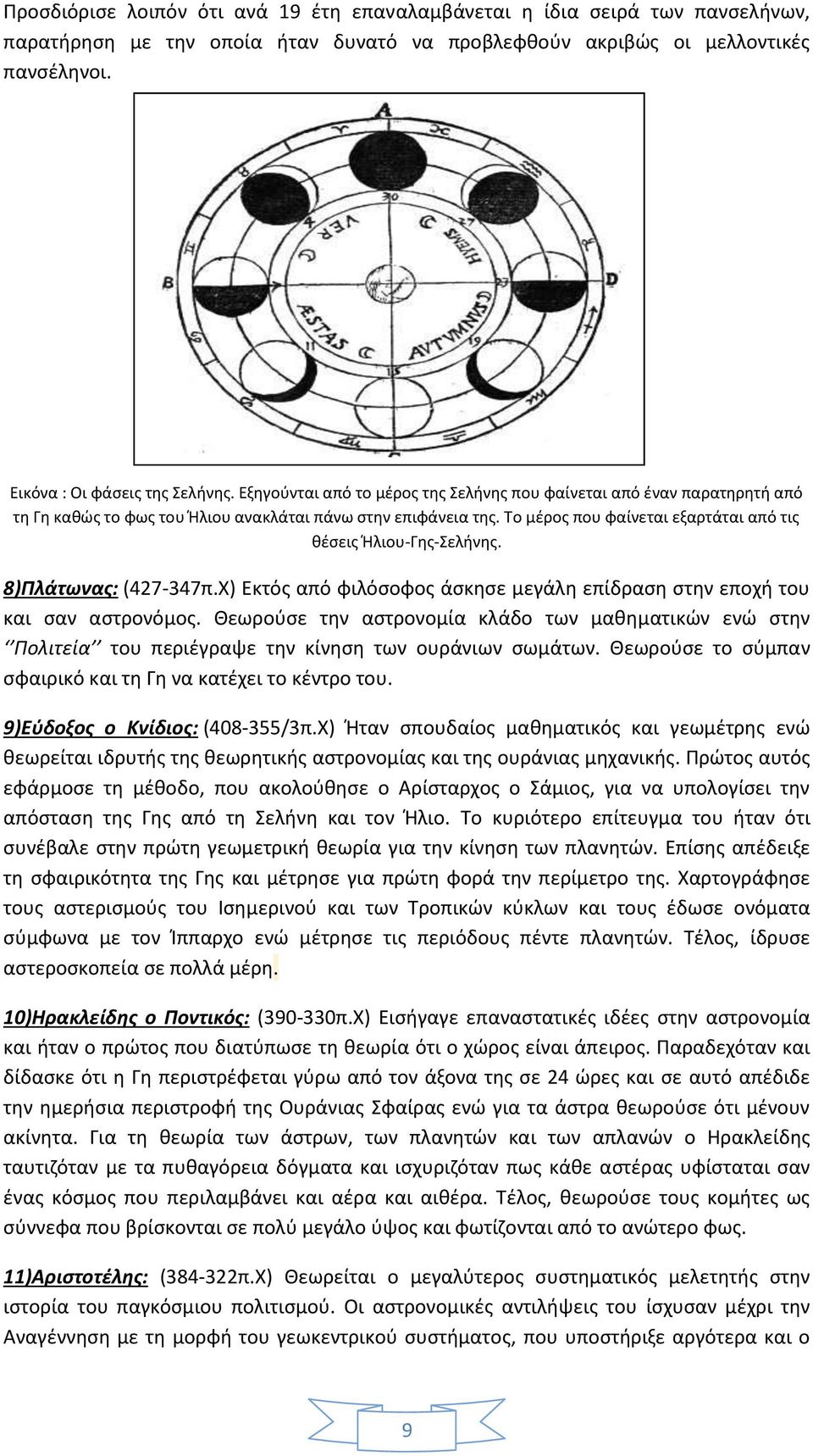 Το μέρος που φαίνεται εξαρτάται από τις θέσεις Ήλιου-Γης-Σελήνης. 8)Πλάτωνας: (427-347π.Χ) Εκτός από φιλόσοφος άσκησε μεγάλη επίδραση στην εποχή του και σαν αστρονόμος.