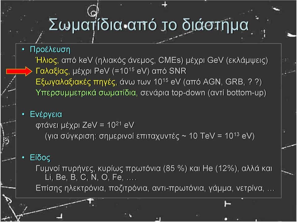 ?) Υπερσυμμετρικά σωματίδια, σενάρια top-down (αντί bottom-up) Ενέργεια φτάνει μέχρι ZeV = 10 21 ev (για σύγκριση: σημερινοί