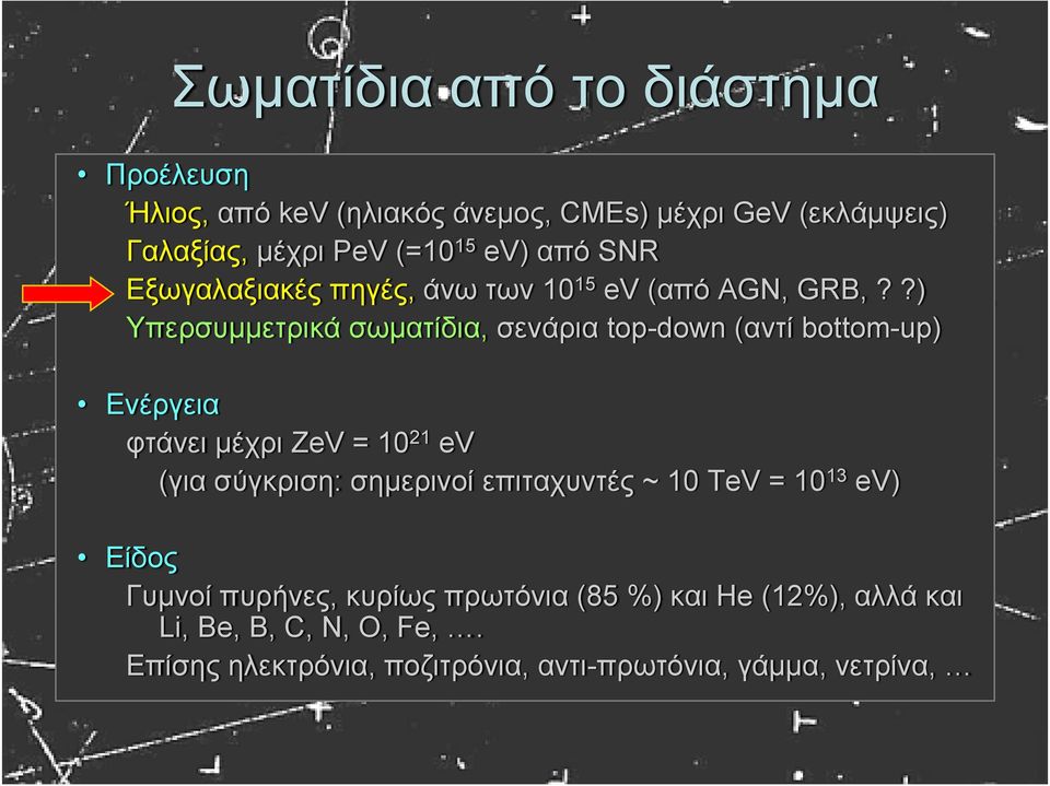 ?) Υπερσυμμετρικά σωματίδια, σενάρια top-down (αντί bottom-up) Ενέργεια φτάνει μέχρι ZeV = 10 21 ev (για σύγκριση: σημερινοί