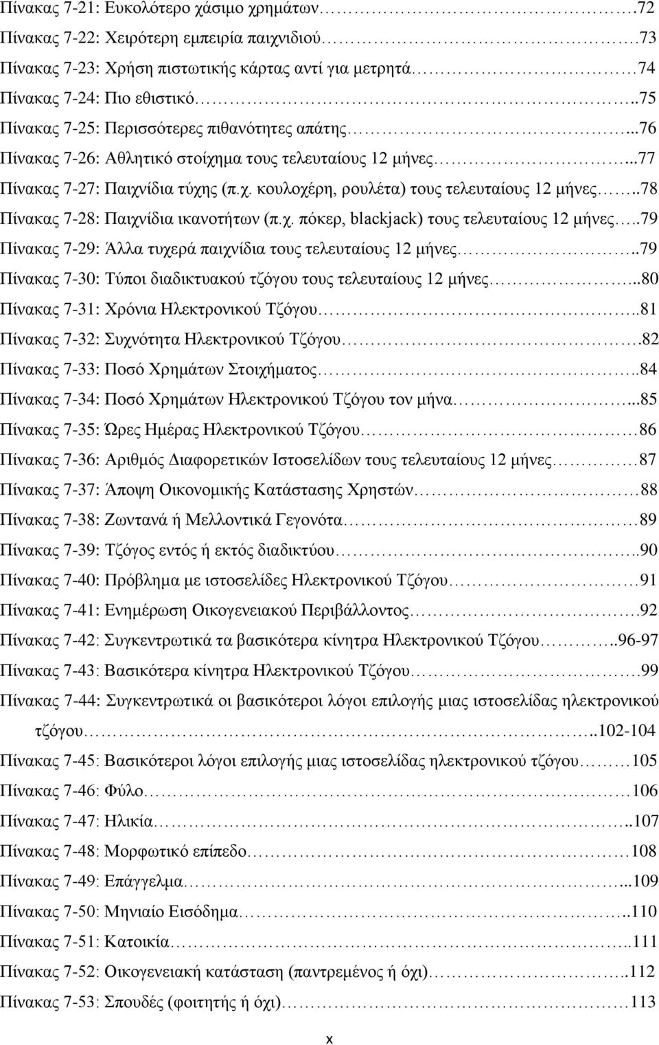 .78 Πίλαθαο 7-28: Παηρλίδηα ηθαλνηήησλ (π.ρ. πφθεξ, blackjack) ηνπο ηειεπηαίνπο 12 κήλεο..79 Πίλαθαο 7-29: Άιια ηπρεξά παηρλίδηα ηνπο ηειεπηαίνπο 12 κήλεο.