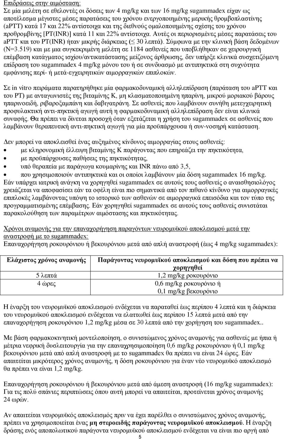 Αυτές οι περιορισμένες μέσες παρατάσεις του aptt και του PT(INR) ήταν μικρής διάρκειας ( 30 λεπτά). Σύμφωνα με την κλινική βάση δεδομένων (Ν=3.