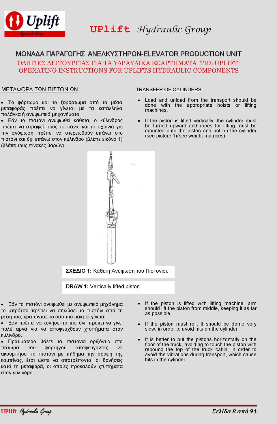 τους πίνακες βαρών). TRANSFER OF CYLINDERS Load and unload from the transport should be done with the appropriate hoists or lifting machines.