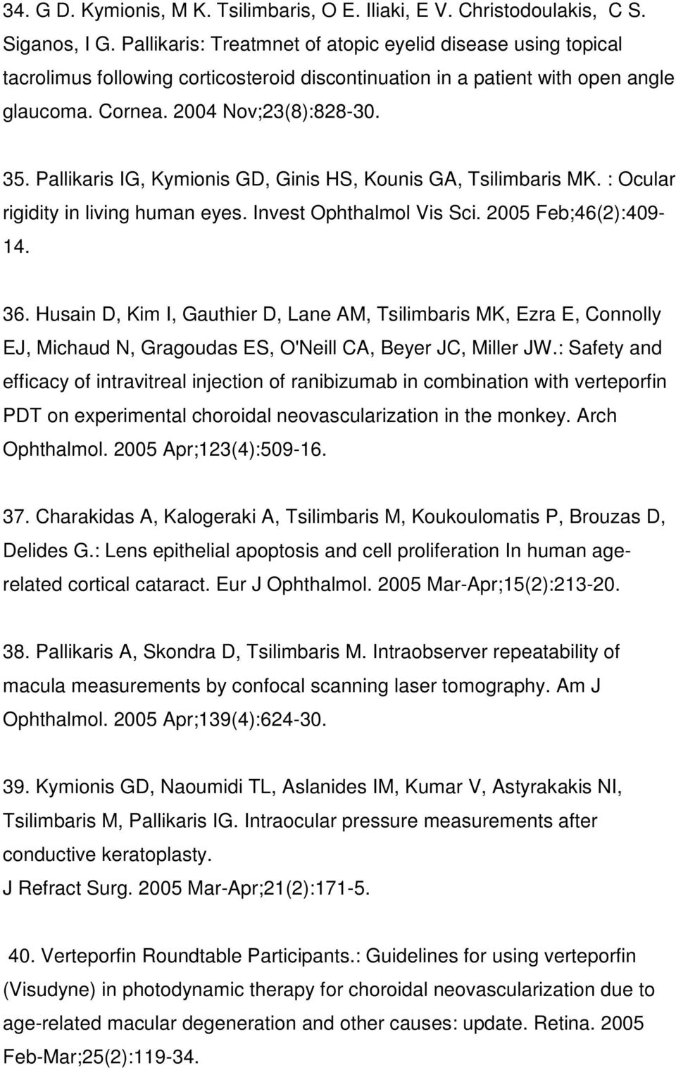 Pallikaris IG, Kymionis GD, Ginis HS, Kounis GA, Tsilimbaris MK. : Ocular rigidity in living human eyes. Invest Ophthalmol Vis Sci. 2005 Feb;46(2):409-14. 36.