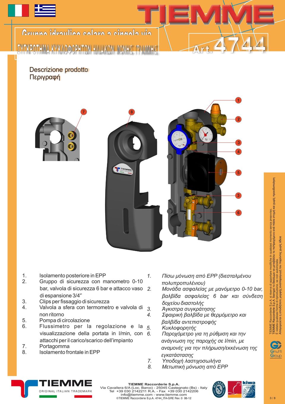 Flussimetro per la regolazione e la visualizzazione della portata in l/min, con attacchi per il carico/scarico dell impianto 7. Portagomma 8. Isolamento frontale in EPP 1.