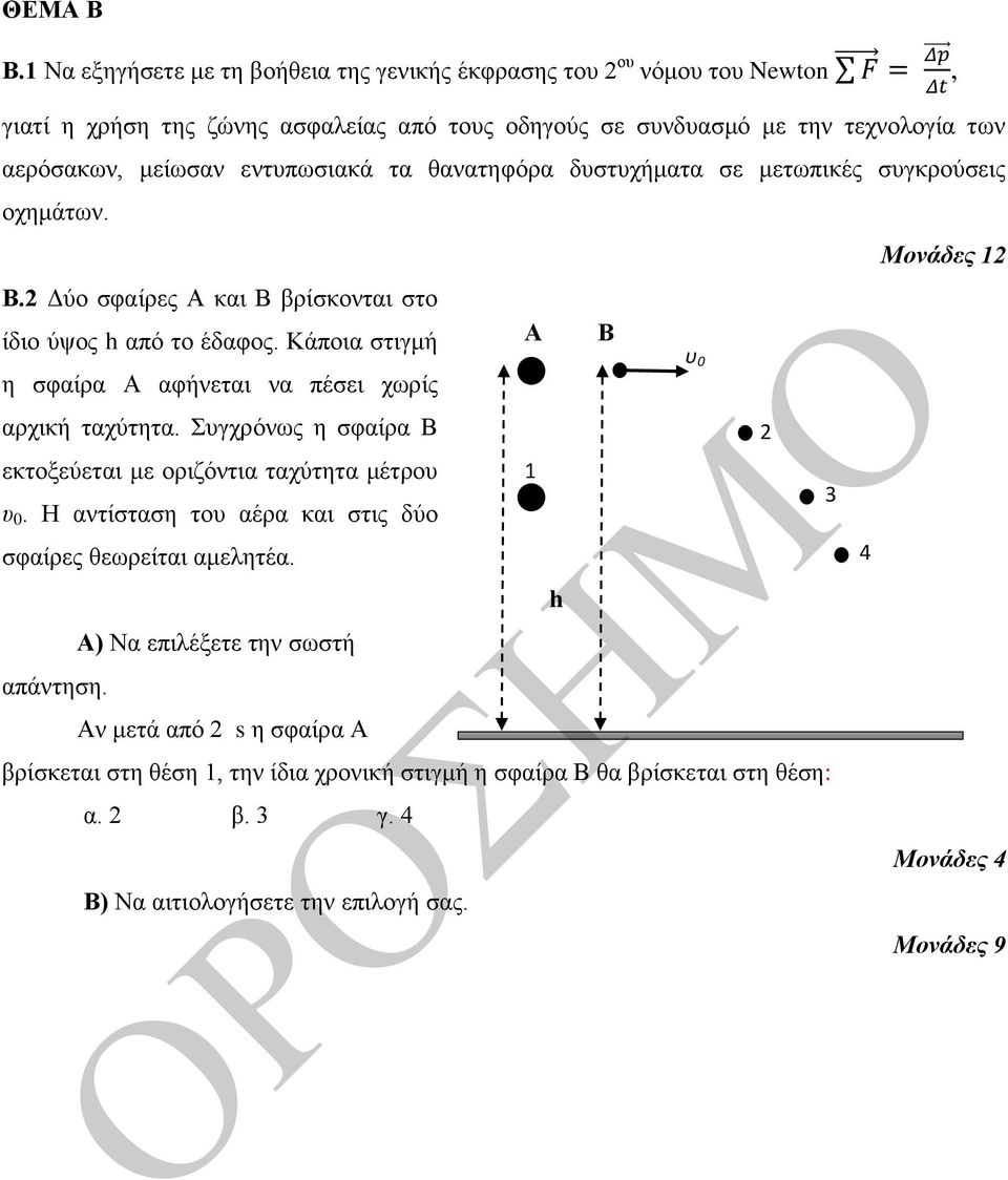 Κάπνηα ζηηγκή ε ζθαίξα Α αθήλεηαη λα πέζεη ρσξίο αξρηθή ηαρύηεηα. Σπγρξόλσο ε ζθαίξα Β εθηνμεύεηαη κε νξηδόληηα ηαρύηεηα κέηξνπ υ 0.