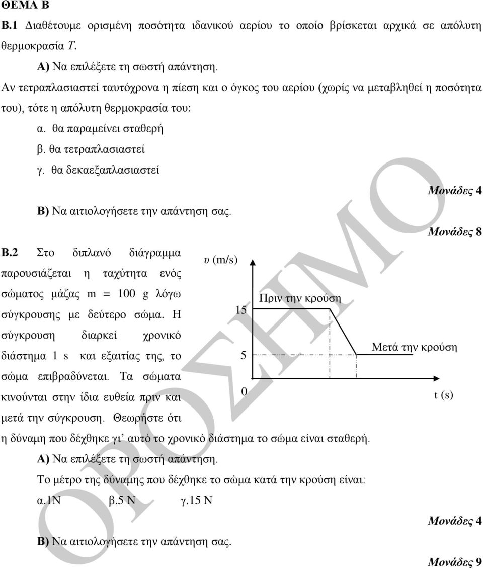 ζα δεθαεμαπιαζηαζηεί Β) Να αηηηνινγήζεηε ηελ απάληεζε ζαο. Β.2 Σην δηπιαλό δηάγξακκα παξνπζηάδεηαη ε ηαρύηεηα ελόο ζώκαηνο κάδαο m = 100 g ιόγω ζύγθξνπζεο κε δεύηεξν ζώκα.