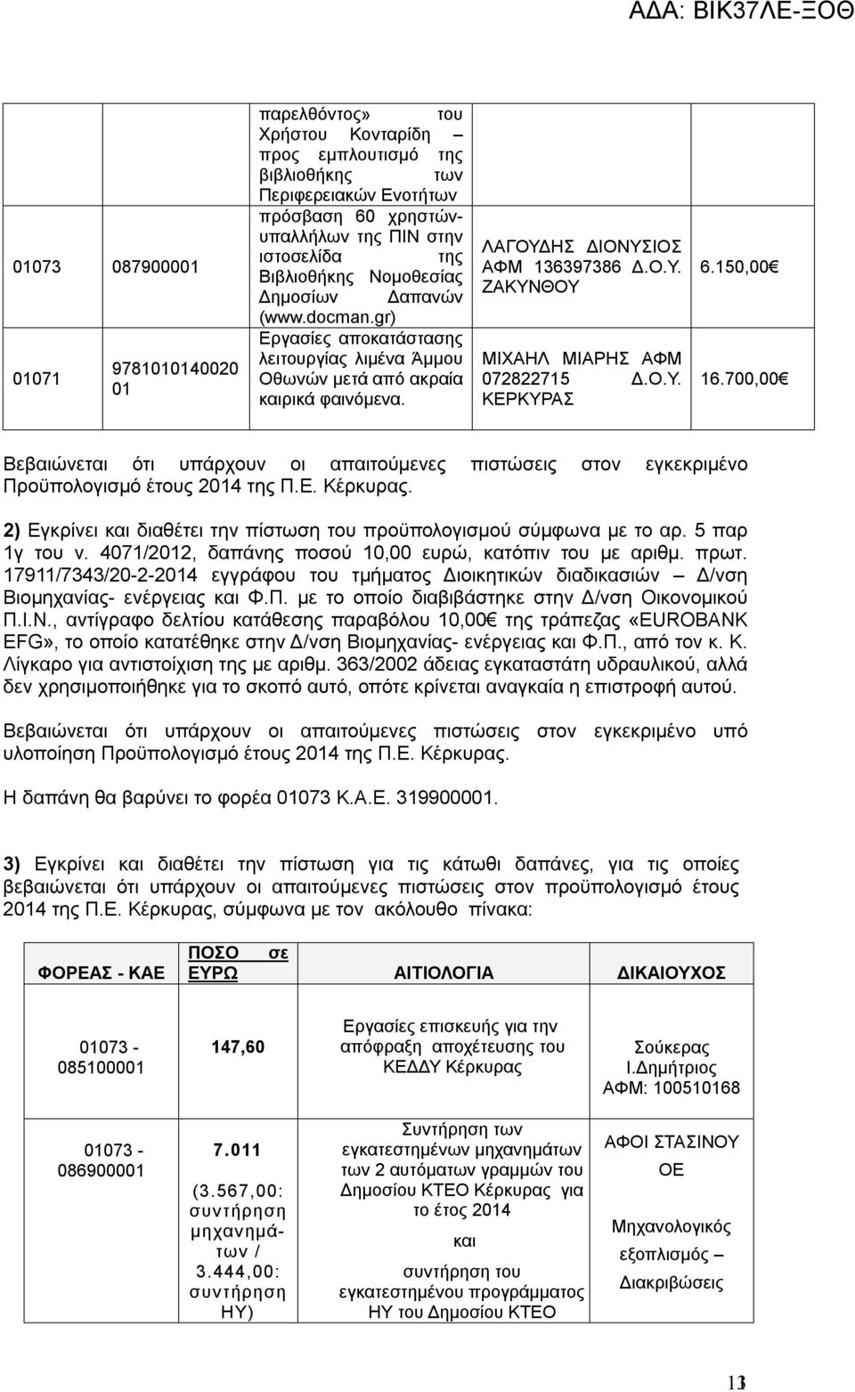 Ο.Υ. ΚΕΡΚΥΡΑΣ 6.150,00 16.700,00 Βεβαιώνεται ότι υπάρχουν οι απαιτούμενες πιστώσεις στον εγκεκριμένο Προϋπολογισμό έτους 2014 της Π.Ε. Κέρκυρας.