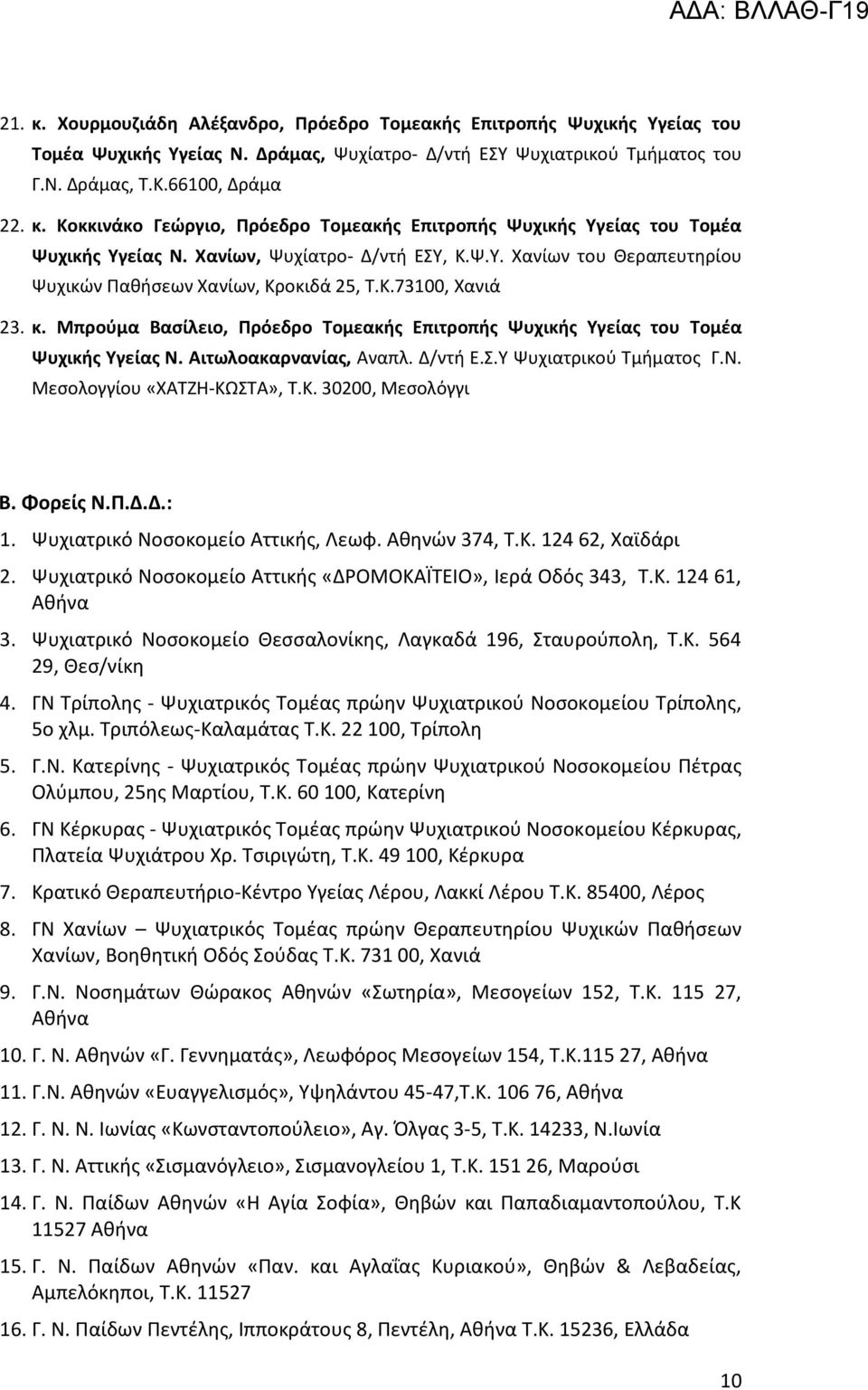 Μπροφμα Βαςίλειο, Πρόεδρο Σομεακισ Επιτροπισ Ψυχικισ Τγείασ του Σομζα Ψυχικισ Τγείασ Ν. Αιτωλοακαρνανίασ, Αναπλ. Δ/ντι Ε.Χ.Ω Ψυχιατρικοφ Ψμιματοσ Γ.Ρ. Πεςολογγίου «ΧΑΨΗΘ-ΞΩΧΨΑ», Ψ.Ξ. 30200, Πεςολόγγι Β.