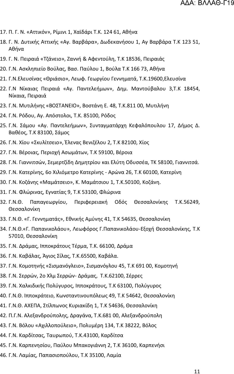 Υαντελειμων», Δθμ. Παντοφβαλου 3,Ψ.Ξ 18454, Ρίκαια, Υειραιά 23. Γ.Ρ. Πυτιλινθσ «ΒΣΧΨΑΡΕΛΣ», Βοςτάνθ Ε. 48, Ψ.Ξ.811 00, Πυτιλινθ 24. Γ.Ρ. Φόδου, Αγ. Απόςτολοι, Ψ.Ξ. 85100, Φόδοσ 25. Γ.Ρ. Χάμου «Αγ.