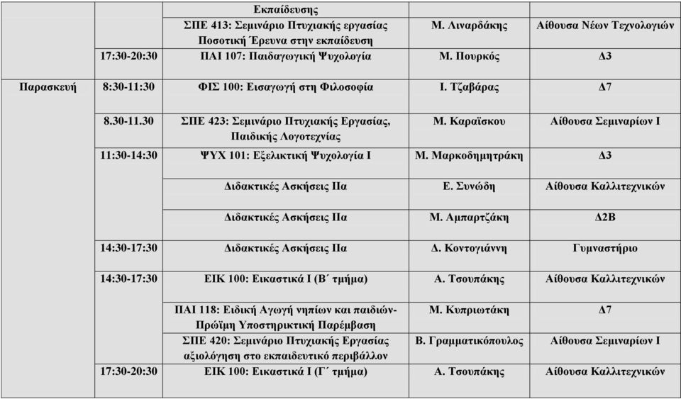 Καραϊσκου Αίθουσα Σεμιναρίων Ι 11:30-14:30 ΨΥΧ 101: Εξελικτική Ψυχολογία Ι Μ. Μαρκοδημητράκη Δ3 Διδακτικές Ασκήσεις ΙΙα Ε. Συνώδη Αίθουσα Καλλιτεχνικών Διδακτικές Ασκήσεις ΙΙα Μ.