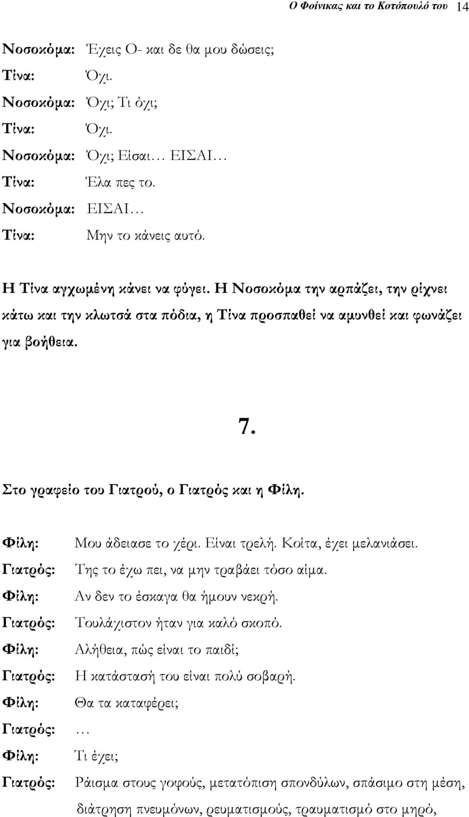 Στο γραφείο του Γιατρού, ο Γιατρός και η Φίλη. Μου άδειασε το χέρι. Είναι τρελή. Κοίτα, έχει µελανιάσει. Της το έχω πει, να µην τραβάει τόσο αίµα. Αν δεν το έσκαγα θα ήµουν νεκρή.