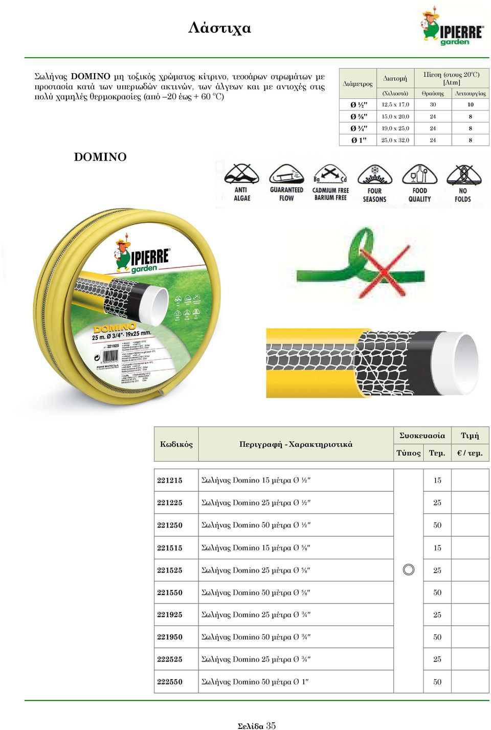 Domino 15 µέτρα Ø ½ 15 221225 Σωλήνας Domino 25 µέτρα Ø ½ 25 221250 Σωλήνας Domino 50 µέτρα Ø ½ 50 221515 Σωλήνας Domino 15 µέτρα Ø ⅝ 15 221525 Σωλήνας Domino 25 µέτρα Ø ⅝ 25 221550