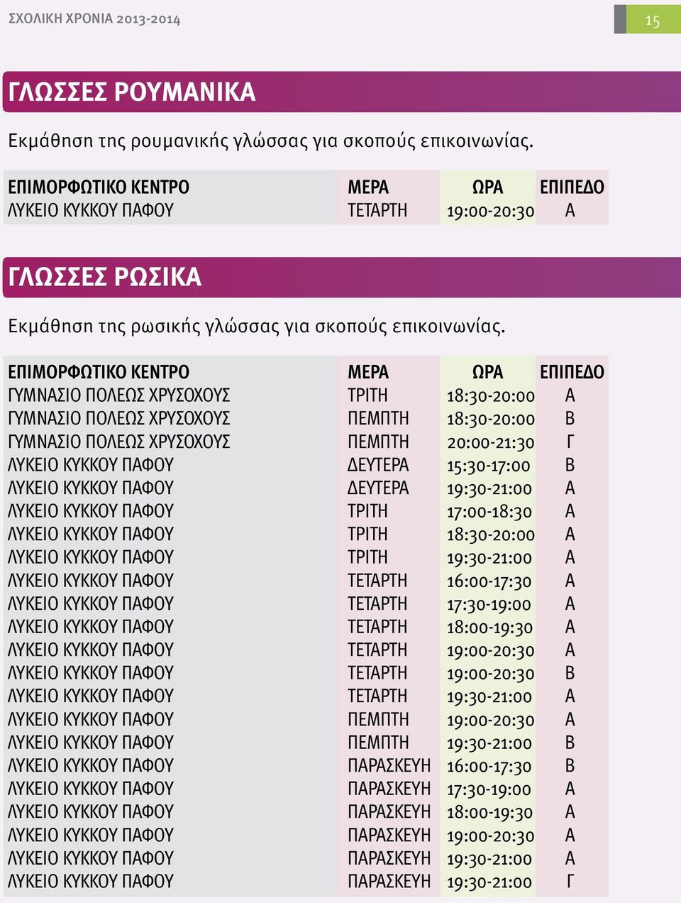 ΓΥΜΝΑΣΙΟ ΠΟΛΕΩΣ ΧΡΥΣΟΧΟΥΣ ΤΡΙΤΗ 18:30-20:00 Α ΓΥΜΝΑΣΙΟ ΠΟΛΕΩΣ ΧΡΥΣΟΧΟΥΣ ΠΕΜΠΤΗ 18:30-20:00 Β ΓΥΜΝΑΣΙΟ ΠΟΛΕΩΣ ΧΡΥΣΟΧΟΥΣ ΠΕΜΠΤΗ 20:00-21:30 Γ ΛΥΚΕΙΟ ΚΥΚΚΟΥ ΠΑΦΟΥ ΔΕΥΤΕΡΑ 15:30-17:00 Β ΛΥΚΕΙΟ ΚΥΚΚΟΥ