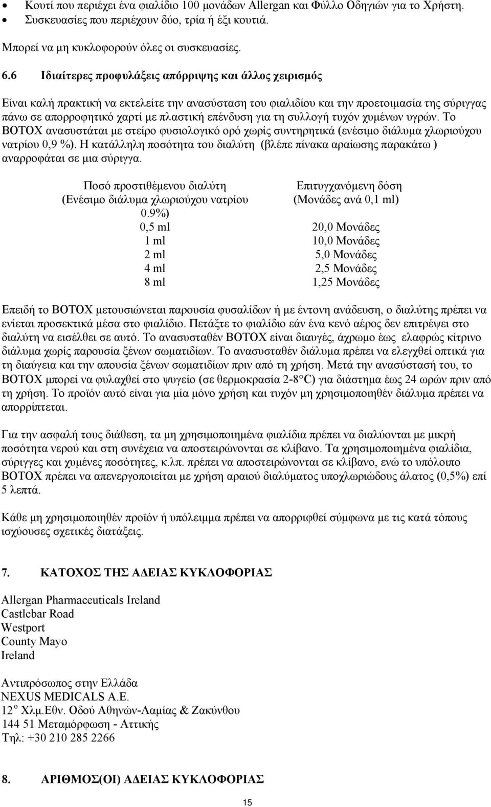 για τη συλλογή τυχόν χυμένων υγρών. Το BOTOX ανασυστάται με στείρο φυσιολογικό ορό χωρίς συντηρητικά (ενέσιμο διάλυμα χλωριούχου νατρίου 0,9 %).