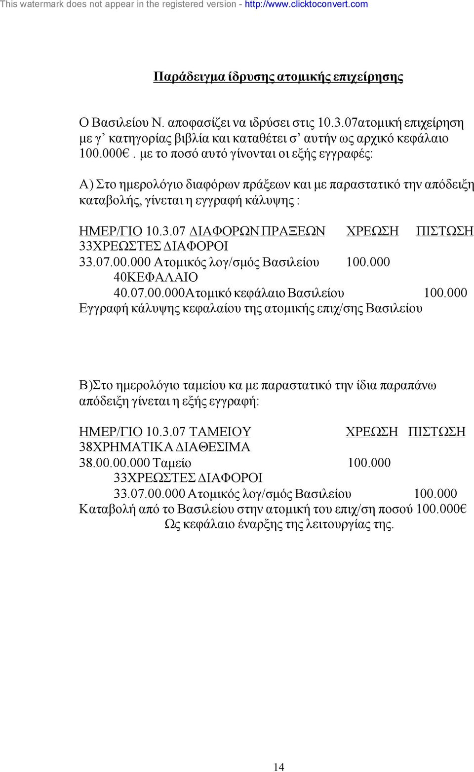 07 ΙΑΦΟΡΩΝ ΠΡΑΞΕΩΝ ΧΡΕΩΣΗ ΠΙΣΤΩΣΗ 33ΧΡΕΩΣΤΕΣ ΙΑΦΟΡΟΙ 33.07.00.000 Ατοµικός λογ/σµός Βασιλείου 100.000 40ΚΕΦΑΛΑΙΟ 40.07.00.000Ατοµικό κεφάλαιο Βασιλείου 100.