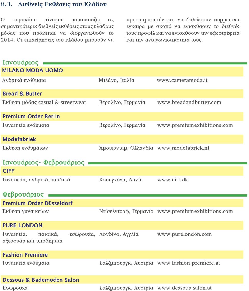 Ιανουάριος MILANO MODA UOMO Ανδρικά ενδύματα Μιλάνο, Ιταλία www.cameramoda.it Bread & Butter Έκθεση μόδας casual & streetwear Βερολίνο, Γερμανία www.breadandbutter.