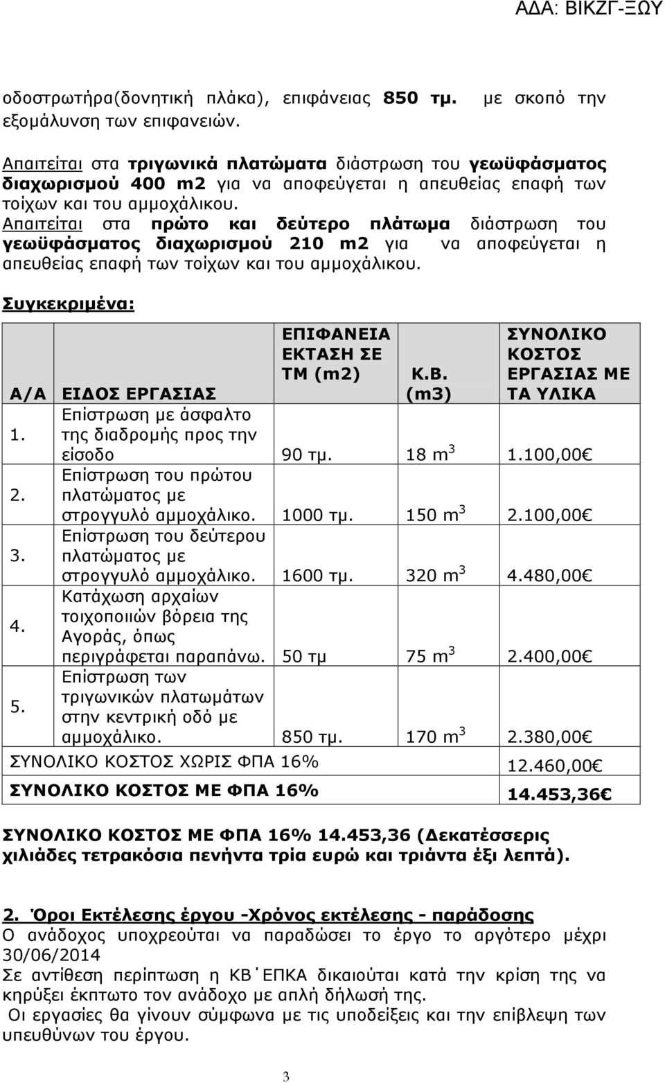 Απαιτείται στα πρώτο και δεύτερο πλάτωµα διάστρωση του γεωϋφάσµατος διαχωρισµού 210 m2 για να αποφεύγεται η απευθείας επαφή των τοίχων και του αµµοχάλικου. Συγκεκριµένα: ΕΠΙΦΑΝΕΙΑ ΕΚΤΑΣΗ ΣΕ TM (m2) K.