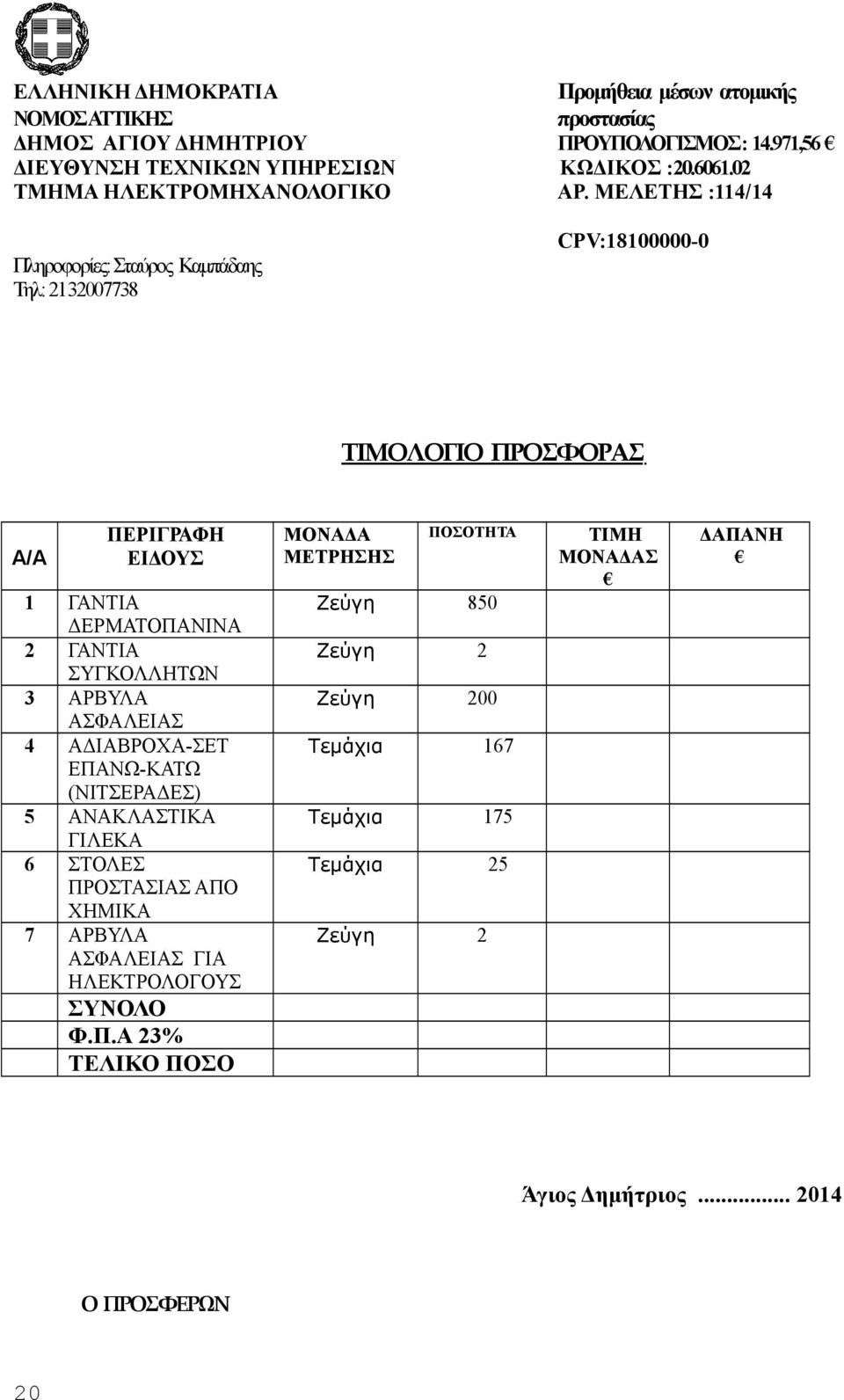 ΜΕΛΕΤΗΣ :114/14 Πληροφορίες: Σταύρος Καμπάδαης Τηλ: 2132007738 CPV:18100000-0 ΤΙΜΟΛΟΓΙΟ ΠΡΟΣΦΟΡΑΣ Α/Α ΠΕΡΙΓΡΑΦΗ ΕΙΔΟΥΣ 1 ΓΑΝΤΙΑ ΔΕΡΜΑΤΟΠΑΝΙΝΑ 2 ΓΑΝΤΙΑ ΣΥΓΚΟΛΛΗΤΩΝ 3 ΑΡΒΥΛΑ