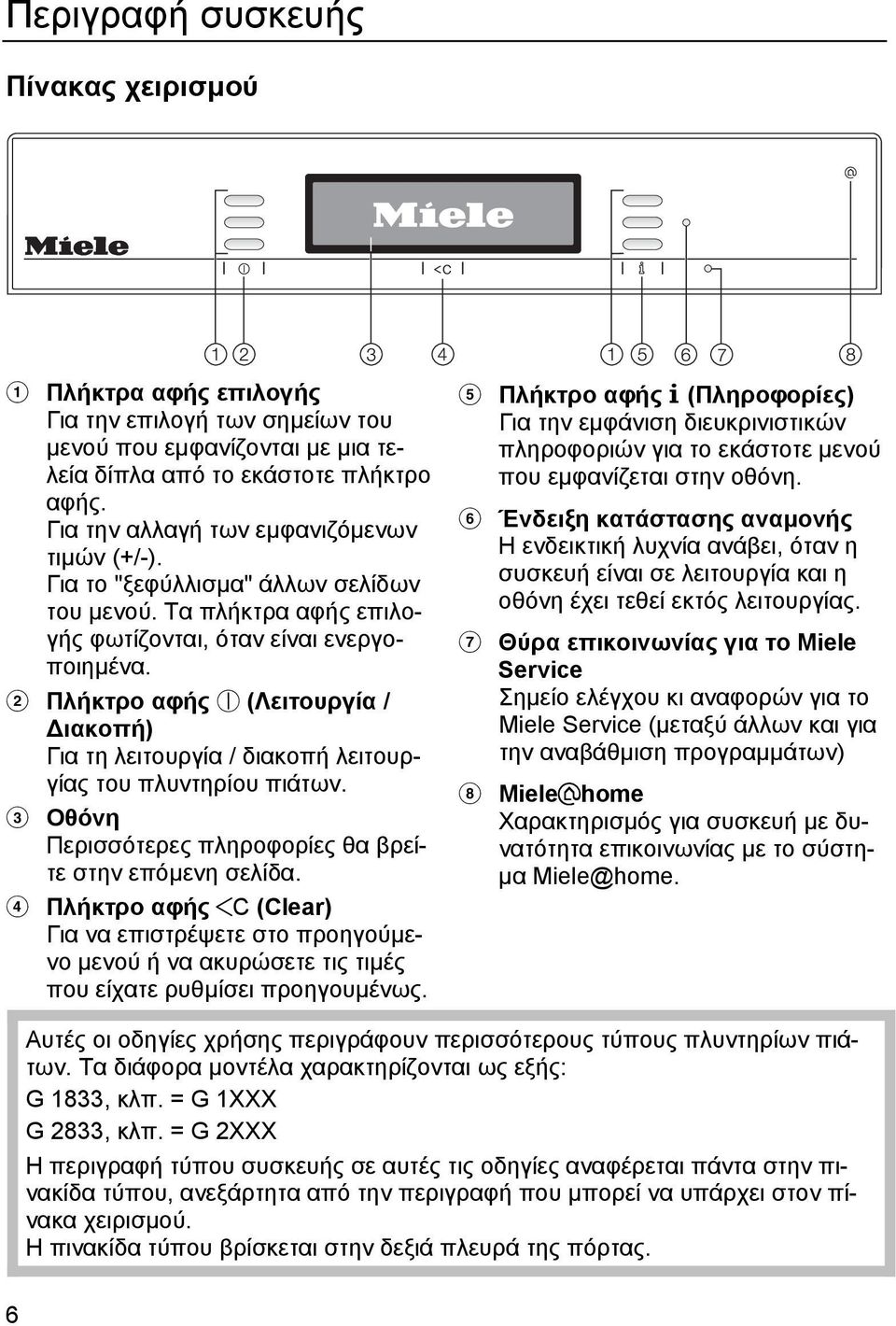 b Πλήκτρο αφής s (Λειτουργία / ιακοπή) Για τη λειτουργία / διακοπή λειτουργίας του πλυντηρίου πιάτων. c Οθόνη Περισσότερες πληροφορίες θα βρείτε στην επόµενη σελίδα.