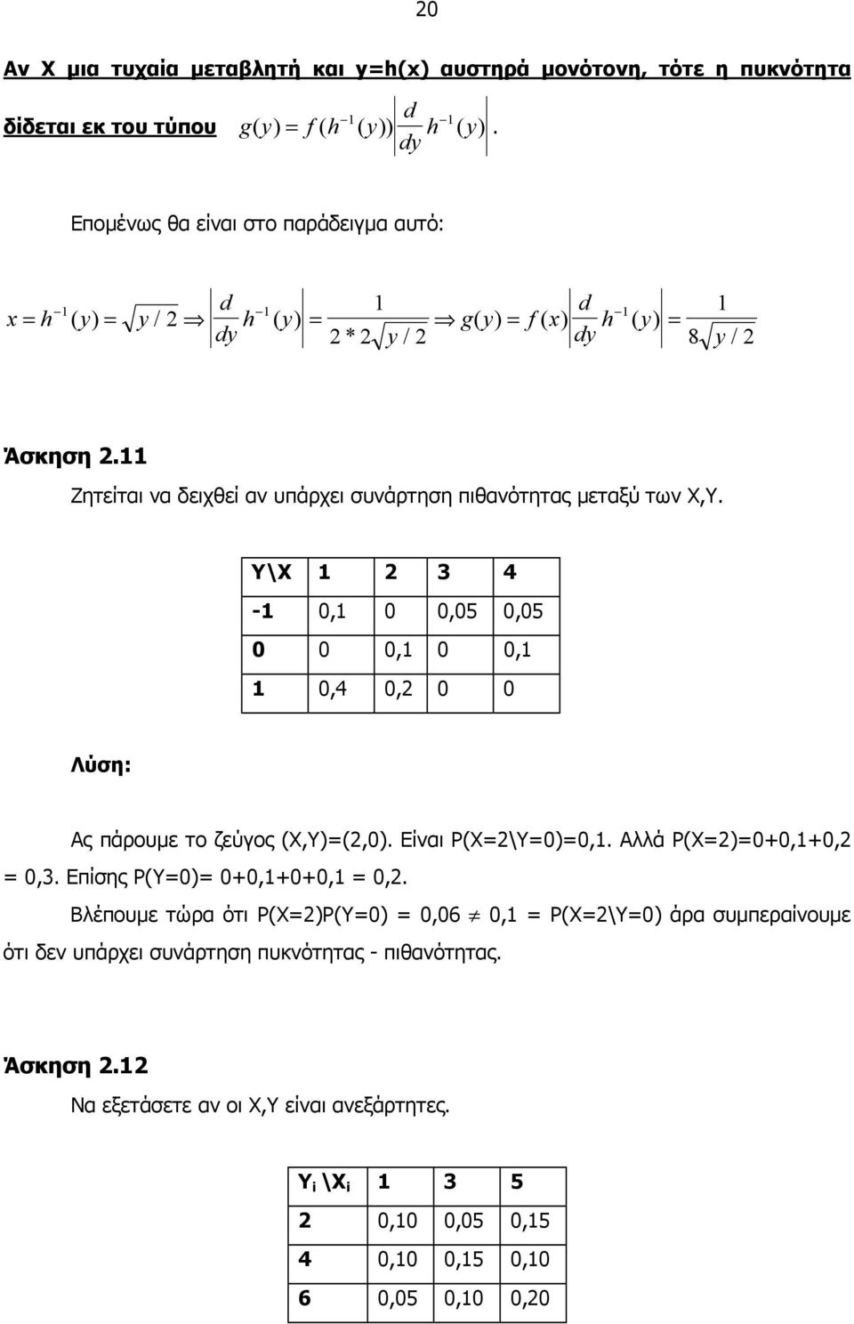 Ζητείται να δειχθεί αν υπάρχει συνάρτηση πιθανότητας µεταξύ των Χ,Υ. Υ\Χ 4 -,,5,5,,,4, Ας πάρουµε το ζεύγος (Χ,Υ)=(,). Είναι P(X=\Y=)=,.