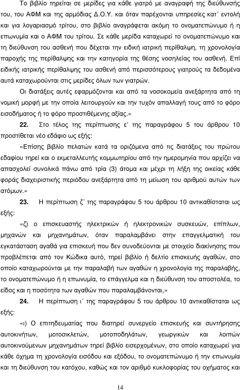 Σε κάθε µερίδα καταχωρεί το ονοµατεπώνυµο και τη διεύθυνση του ασθενή που δέχεται την ειδική ιατρική περίθαλψη, τη χρονολογία παροχής της περίθαλψης και την κατηγορία της θέσης νοσηλείας του ασθενή.