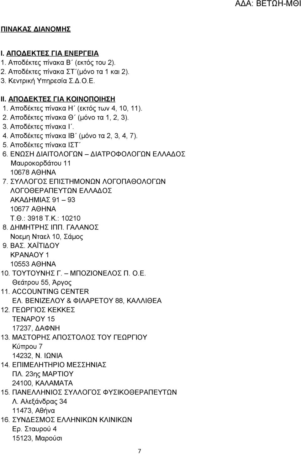 ΕΝΩΣΗ ΔΙΑΙΤΟΛΟΓΩΝ ΔΙΑΤΡΟΦΟΛΟΓΩΝ ΕΛΛΑΔΟΣ Μαυροκορδάτου 11 10678 ΑΘΗΝΑ 7. ΣΥΛΛΟΓΟΣ ΕΠΙΣΤΗΜΟΝΩΝ ΛΟΓΟΠΑΘΟΛΟΓΩΝ ΛΟΓΟΘΕΡΑΠΕΥΤΩΝ ΕΛΛΑΔΟΣ ΑΚΑΔΗΜΙΑΣ 91 93 10677 ΑΘΗΝΑ Τ.Θ.: 3918 Τ.Κ.: 10210 8. ΔΗΜΗΤΡΗΣ ΙΠΠ.