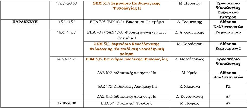 Τσουπάκης Αίθουσα 11:30-14:30 ΕΠΑ 704 (ΦΑΝ 100): Φυσική αγωγή νηπίων Ι Δ.