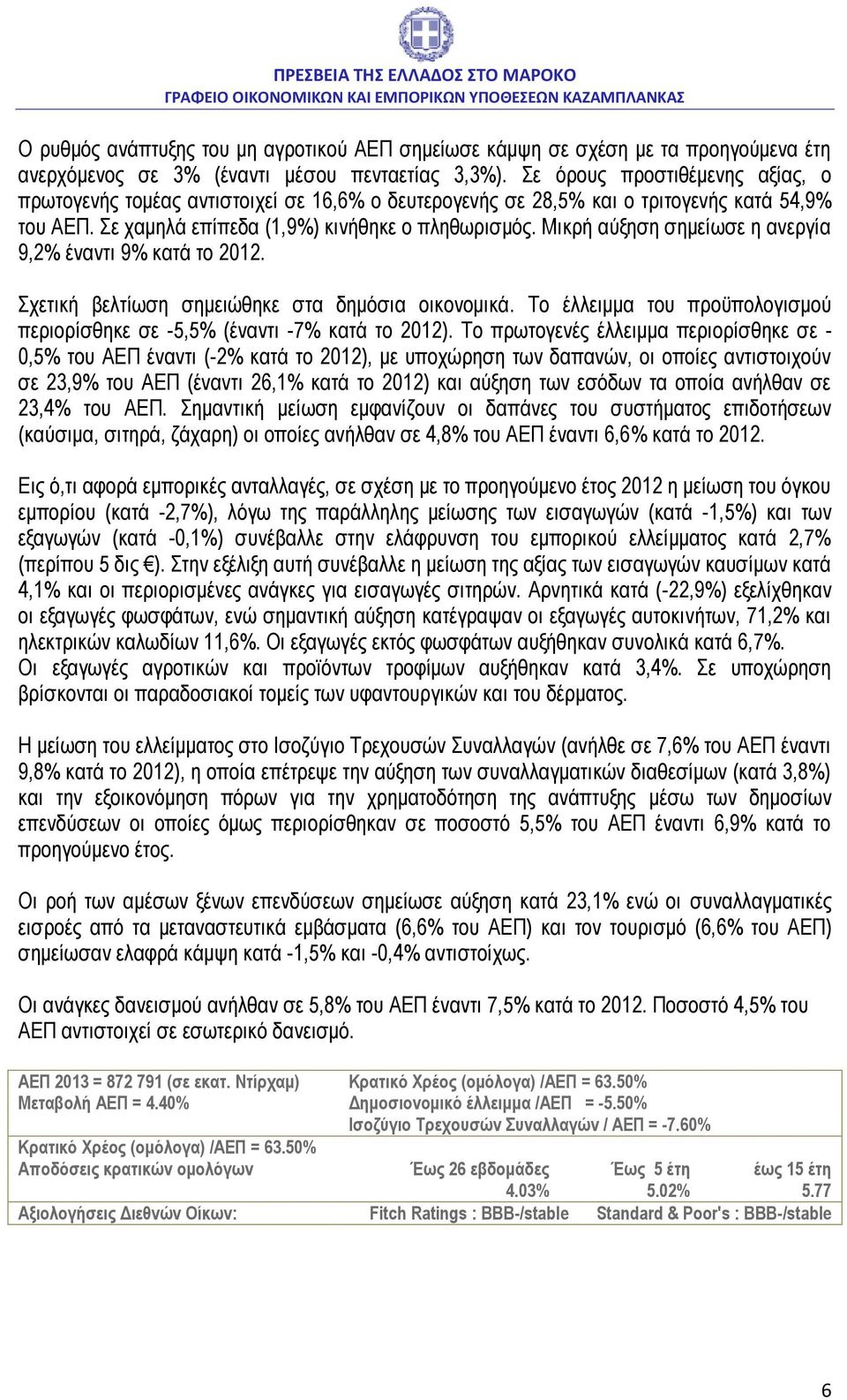 Μικρή αύξηση σημείωσε η ανεργία 9,2% έναντι 9% κατά το 2012. Σχετική βελτίωση σημειώθηκε στα δημόσια οικονομικά. Το έλλειμμα του προϋπολογισμού περιορίσθηκε σε -5,5% (έναντι -7% κατά το 2012).