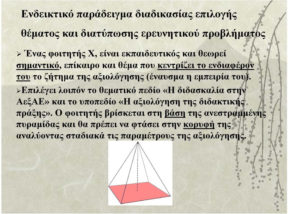 Επιλέγει λοιπόν το θεματικό πεδίο «Η διδασκαλίαστην ΑεξΑΕ» και το υποπεδίο «Η αξιολόγηση της διδακτικής πράξης».