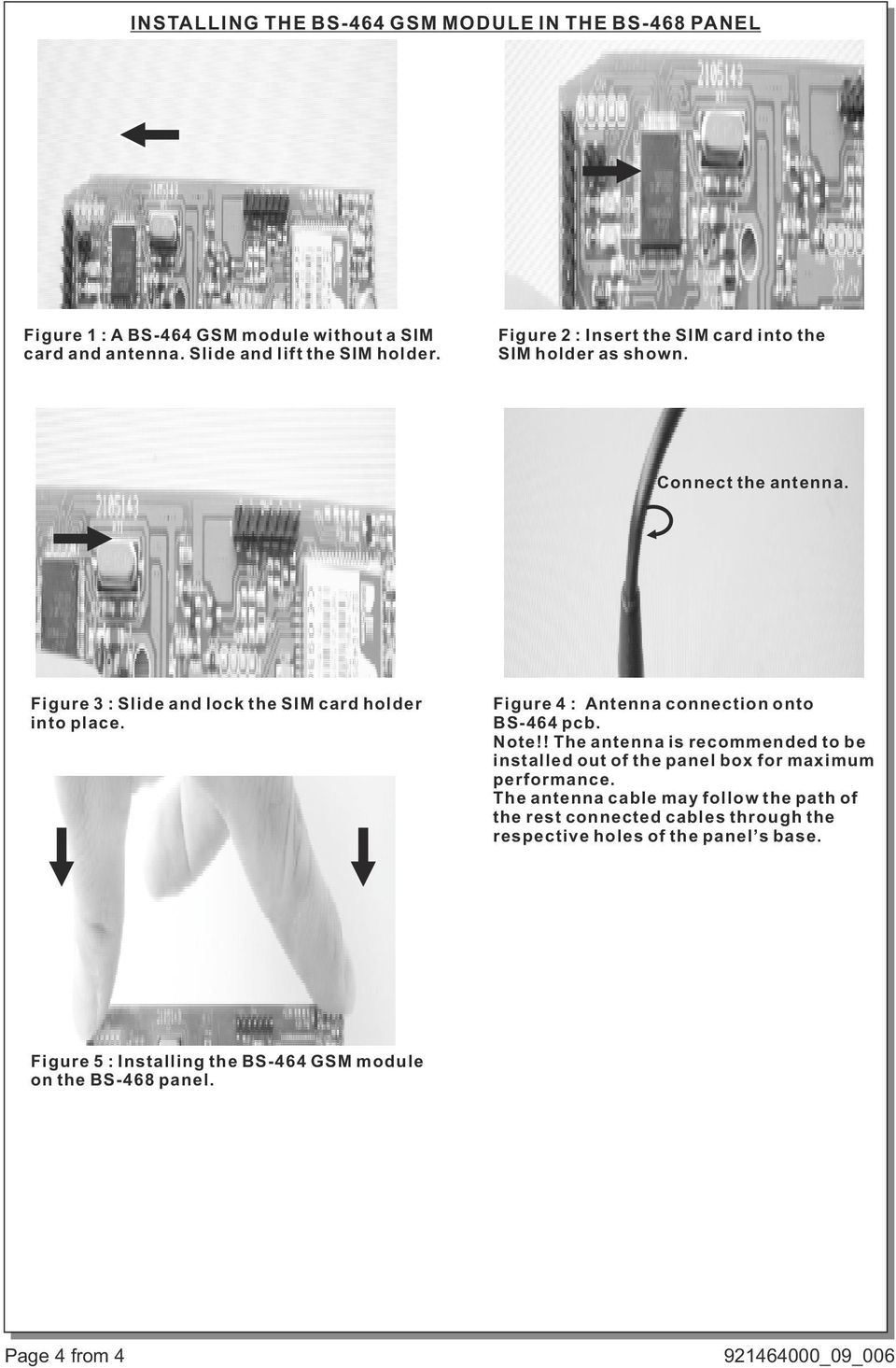 Figure 4 : Antenna connection onto BS-464 pcb. Note!! The antenna is recommended to be installed out of the panel box for maximum performance.