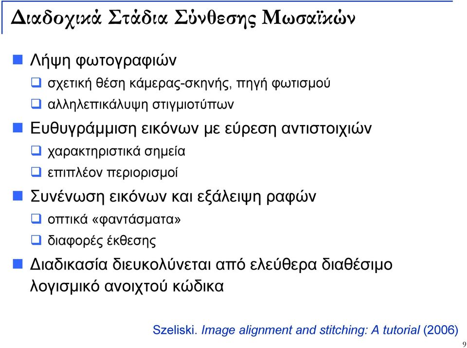 περιορισμοί Συνένωση εικόνων και εξάλειψη ραφών οπτικά «φαντάσματα» διαφορές έκθεσης Διαδικασία