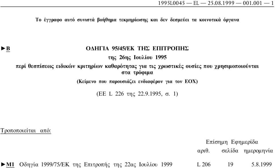 26ης Ιουλίου 1995 περί θεσπίσεως ειδικών κριτηρίων καθαρότητας για τις χρωστικές ουσίες που χρησιµοποιούνται στα τρόφιµα