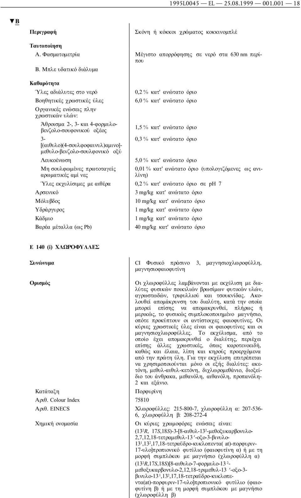 µεθυλο-βενζολο-σουλφονικό Λευκοένωση Μη σουλφωµένες πρωτοταγείς αρωµατικές αµί νες 6,0 % κατ ανώτατο όριο 1,5 % κατ ανώτατο όριο 0,3 % κατ ανώτατο όριο 5,0 % κατ ανώτατο όριο 0,01 % κατ ανώτατο όριο