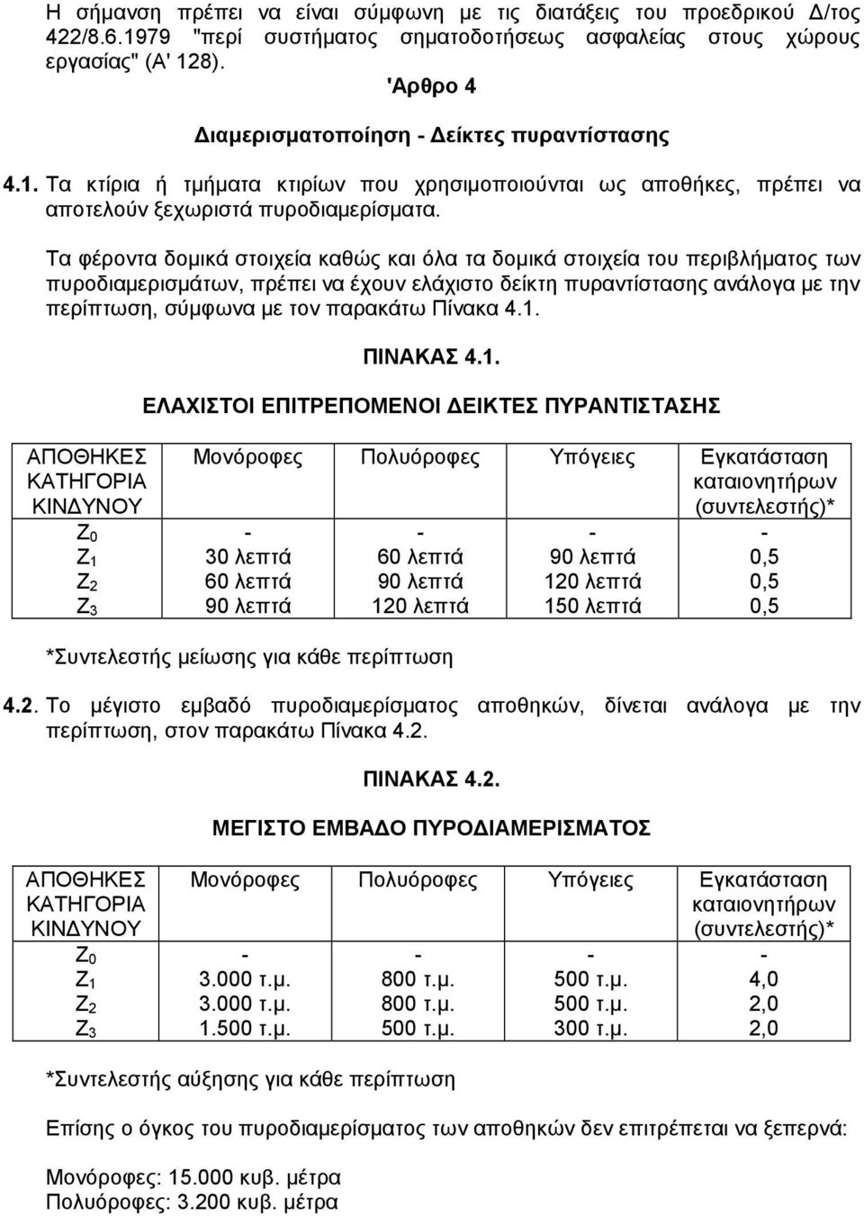 Τα φέροντα δοµικά στοιχεία καθώς και όλα τα δοµικά στοιχεία του περιβλήµατος των πυροδιαµερισµάτων, πρέπει να έχουν ελάχιστο δείκτη πυραντίστασης ανάλογα µε την περίπτωση, σύµφωνα µε τον παρακάτω