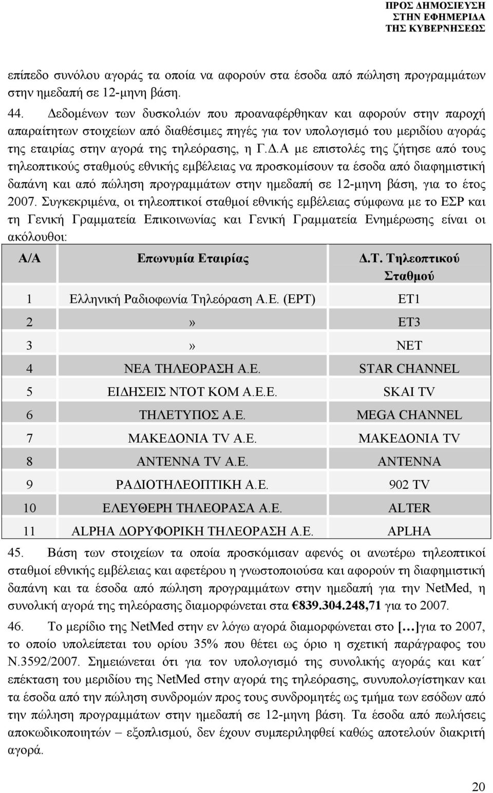 επιστολές της ζήτησε από τους τηλεοπτικούς σταθμούς εθνικής εμβέλειας να προσκομίσουν τα έσοδα από διαφημιστική δαπάνη και από πώληση προγραμμάτων στην ημεδαπή σε 12-μηνη βάση, για το έτος 2007.