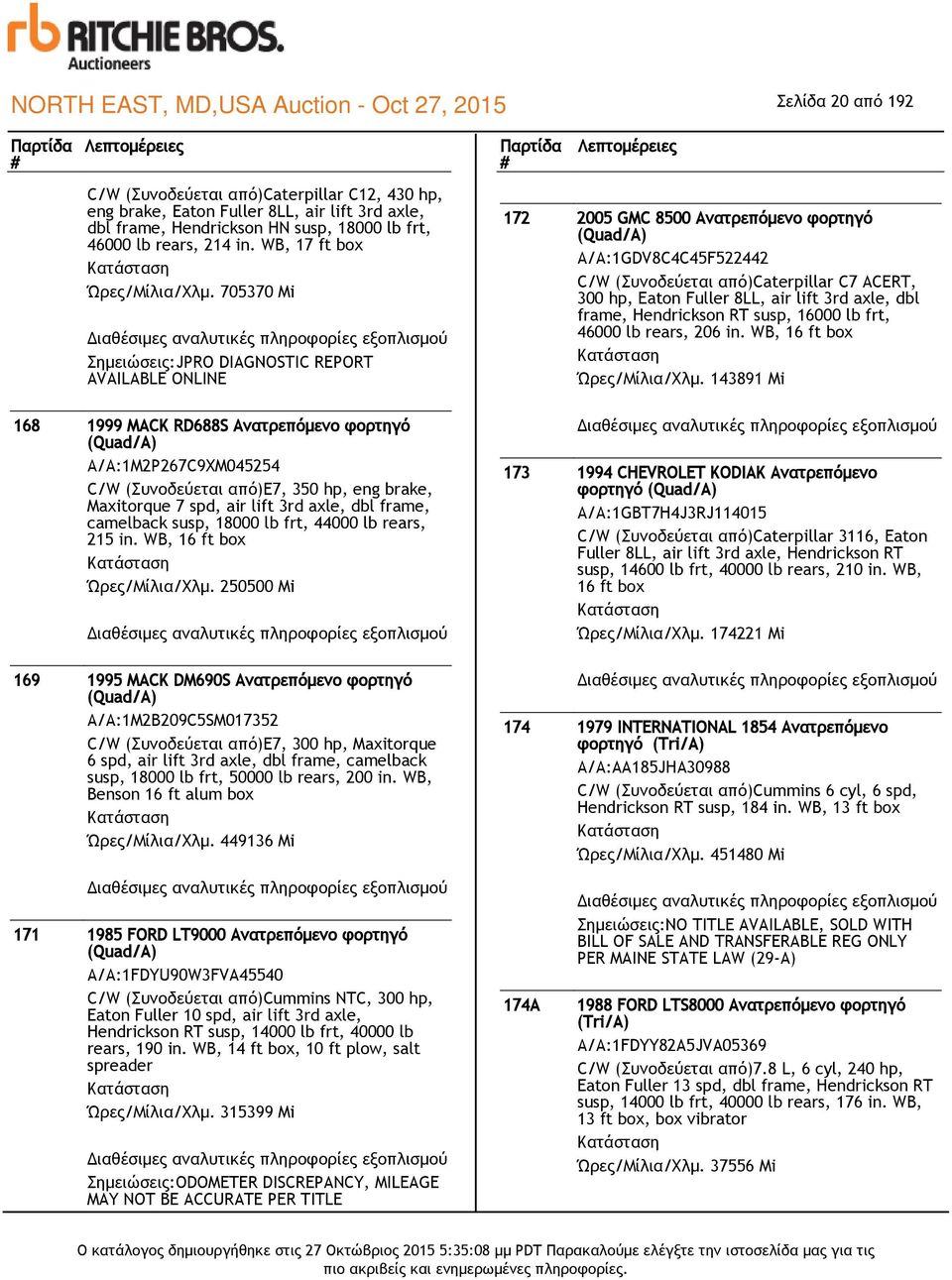 705370 Mi Σημειώσεις:JPRO DIAGNOSTIC REPORT AVAILABLE ONLINE 172 2005 GMC 8500 Ανατρεπόμενο φορτηγό (Quad/A) Α/Α:1GDV8C4C45F522442 C/W (Συνοδεύεται από)caterpillar C7 ACERT, 300 hp, Eaton Fuller 8LL,