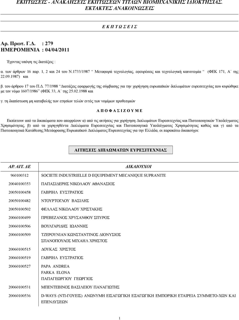 . 77/1988 ιατάξεις εφαρµογής της σύµβασης για την χορήγηση ευρωπαϊκών διπλωµάτων ευρεσιτεχνίας που κυρώθηκε µε τον νόµο 1607/1986 (ΦΕΚ 33, Α της 25.02.1988 και γ.