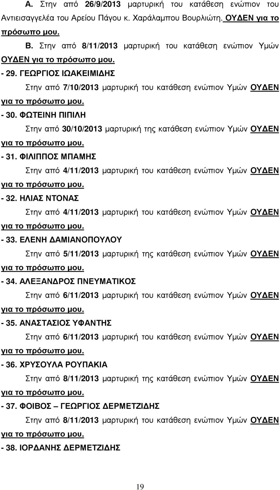 ΦΙΛΙΠΠΟΣ ΜΠΑΜΗΣ Στην από 4/11/2013 µαρτυρική του κατάθεση ενώπιον Υµών ΟΥ ΕΝ - 32. ΗΛΙΑΣ ΝΤΟΝΑΣ Στην από 4/11/2013 µαρτυρική του κατάθεση ενώπιον Υµών ΟΥ ΕΝ - 33.