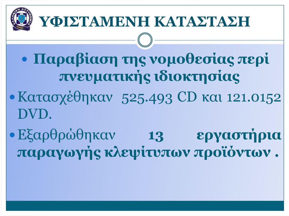 Κατασχέθηκαν 525.493 CD και 121.0152 DVD.