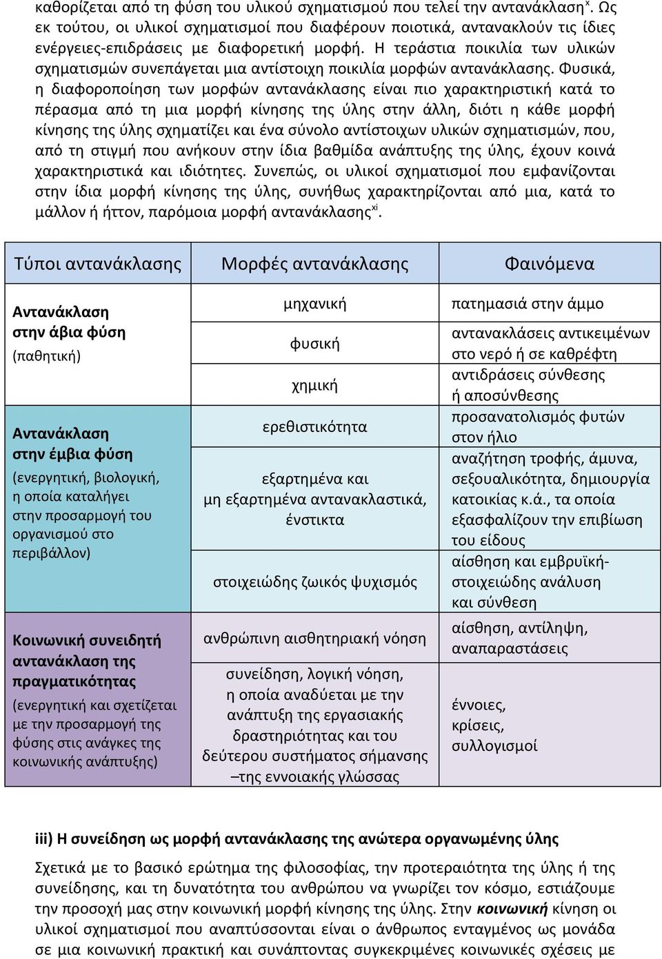 Φυσικά, η διαφοροποίηση των μορφών αντανάκλασης είναι πιο χαρακτηριστική κατά το πέρασμα από τη μια μορφή κίνησης της ύλης στην άλλη, διότι η κάθε μορφή κίνησης της ύλης σχηματίζει και ένα σύνολο