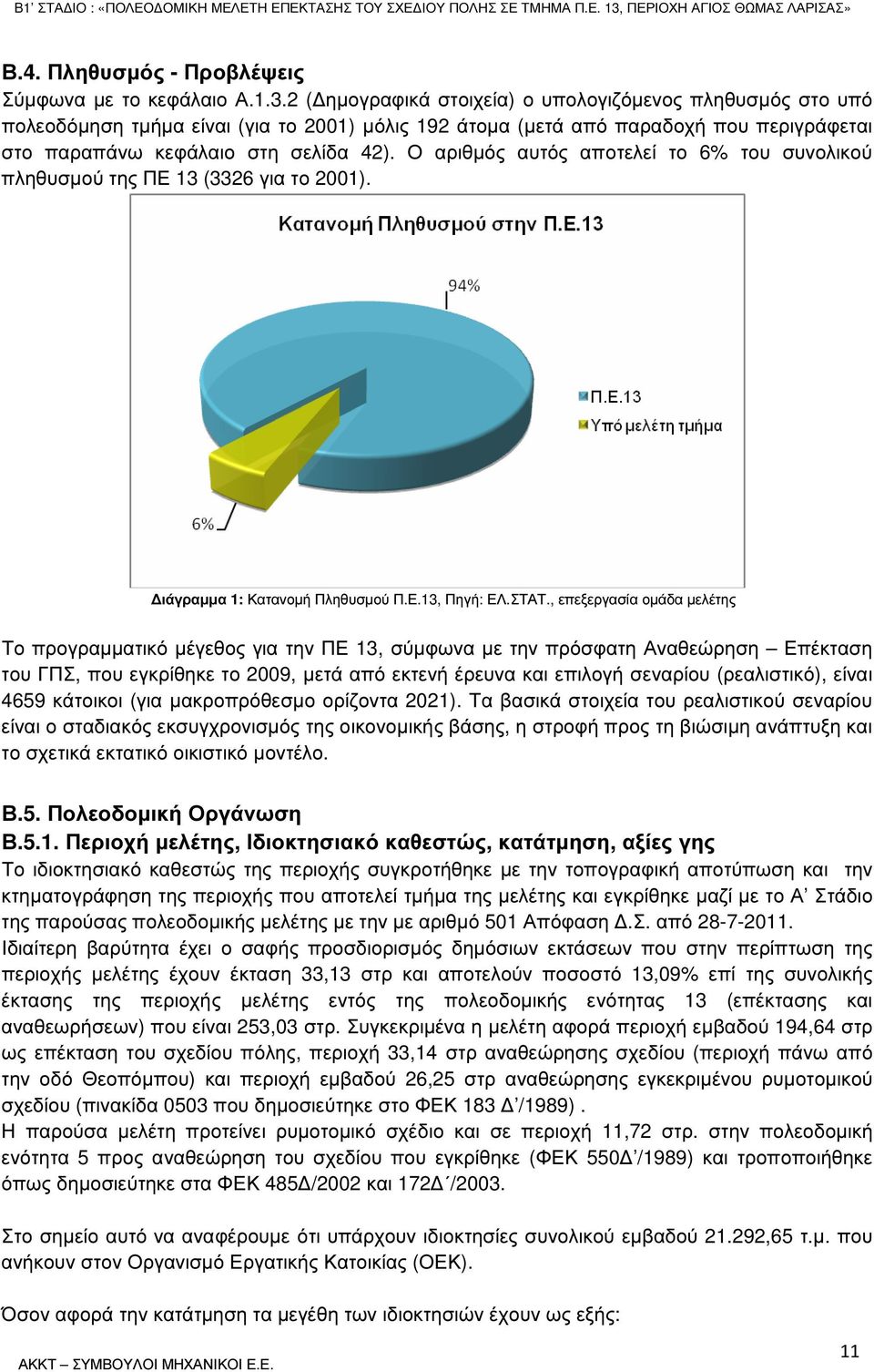Ο αριθµός αυτός αποτελεί το 6% του συνολικού πληθυσµού της ΠΕ 13 (3326 για το 2001). ιάγραµµα 1: Κατανοµή Πληθυσµού Π.Ε.13, Πηγή: ΕΛ.ΣΤΑΤ.