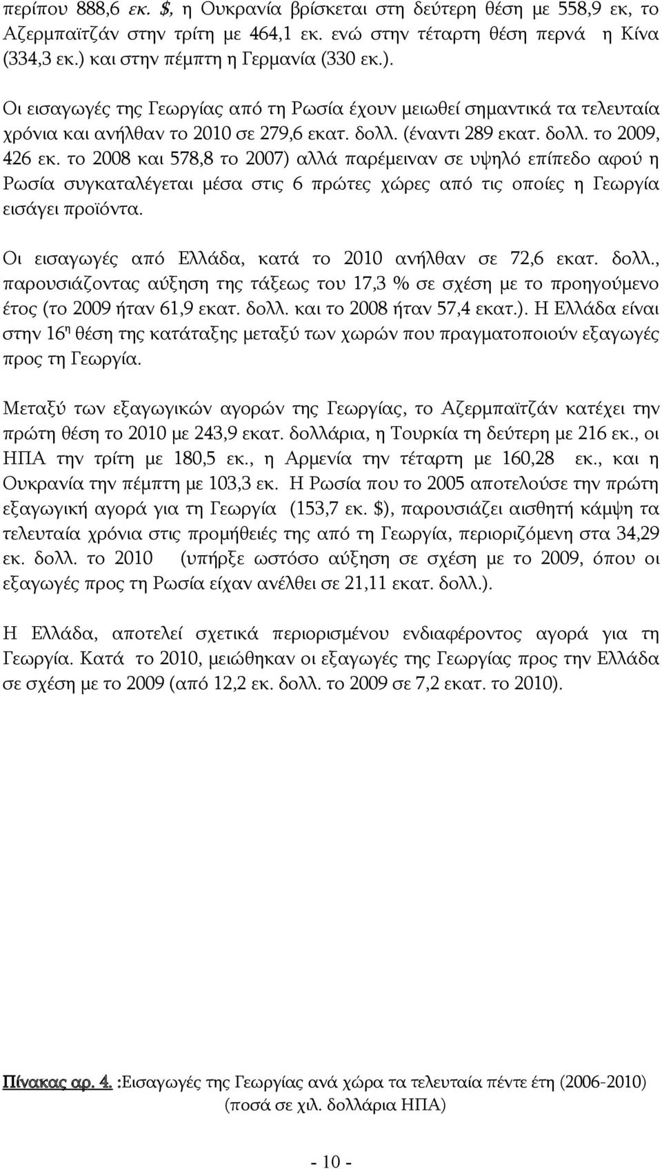 το 2008 και 578,8 το 2007) αλλά παρέμειναν σε υψηλό επίπεδο αφού η Ρωσία συγκαταλέγεται μέσα στις 6 πρώτες χώρες από τις οποίες η Γεωργία εισάγει προϊόντα.